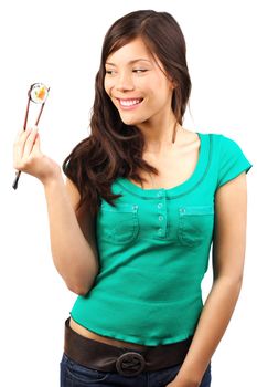 Sushi eating beautiful young woman. Isolated on white background.