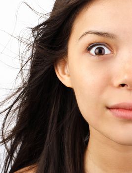 Scared and shocked woman staring at the camera. Closeup.