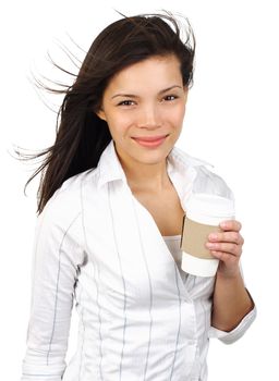 Happy smiling young businesswoman with coffee from disposable cup. Beautiful mixed asian / caucasian model. Isolated white background.