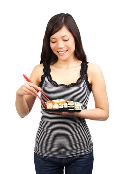 Sushi. Woman eating take away sushi. Beautiful model isolated on white background.