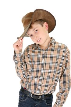 Child wearing a check shirt, belted denim jeans and a well worn leather cowboy hat.