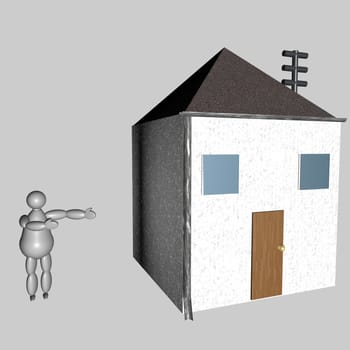 3D puppet showing his house, over gray background