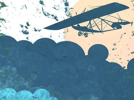 Illustration of an old vintage glider flying thru the storm