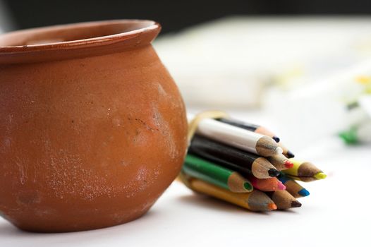 Painter workplace,crayons close up