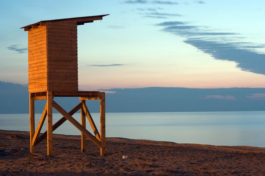 Life-guard's cabin during sunset in Paralia  Katerinis,Greece