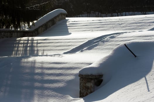 Snow covered  stairs in winter