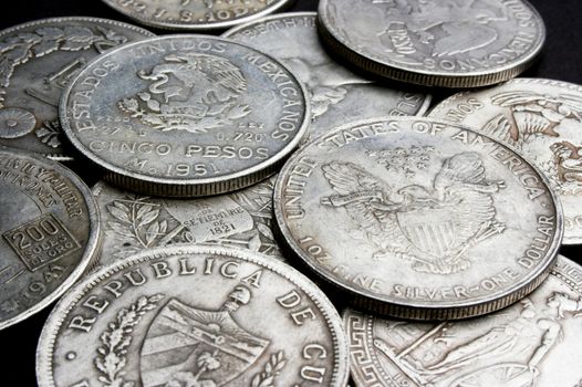  old dollars and coins close up