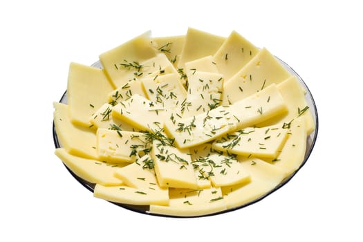 The sliced cheese lays on a dish. On a white background.