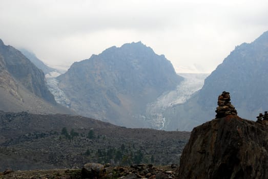 view to the glaciers through a mist