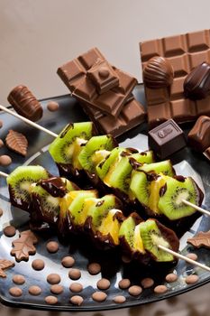fruit skewers and chocolate candies