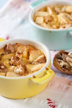 Clafoutis with apple and cinnamon and walnuts freshly baked