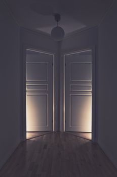 Spooky light comming from two opposing doors in a hallway