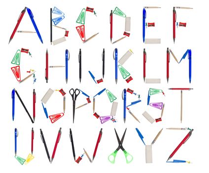 Office supplies forming the alphabet.