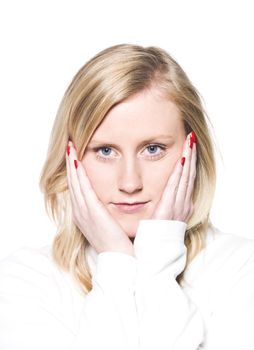 Portrait of a young woman leaning on her hands isolated on white