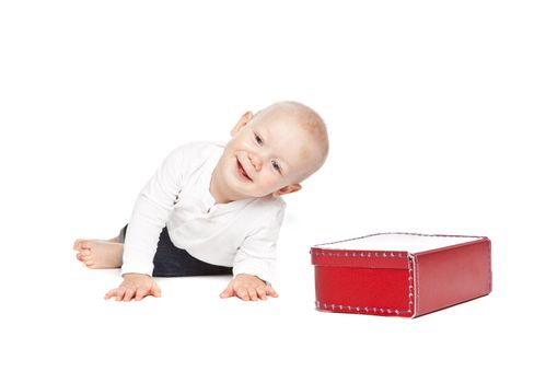 A boy and his red lunchbox isolated on a white background