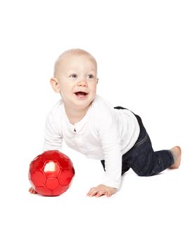 Boy playing with a red ball isolated against a white background