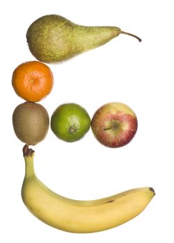 The letter 'E' made out of fruit isolated on a white background