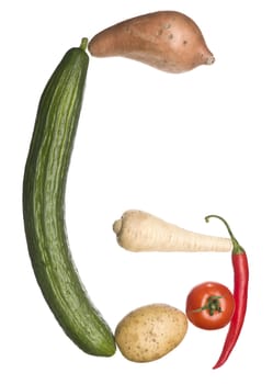 The letter 'G' made out of vegetables isolated on a white background