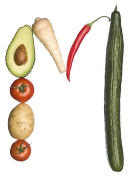 The letter 'M' made out of vegetables isolated on a white background