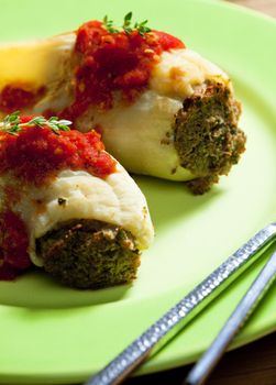 peppers filled with smoked meat and celery tops with tomato sauce
