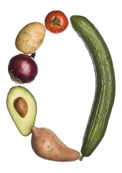 The letter 'o' made out of vegetables isolated on a white background