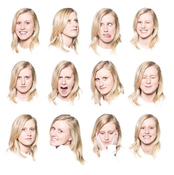 Twelve portraits of a young woman with different facial expressions