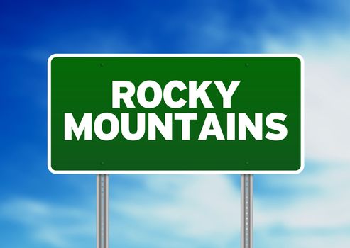 Green Rocky Mountains highway sign on Cloud Background. 
