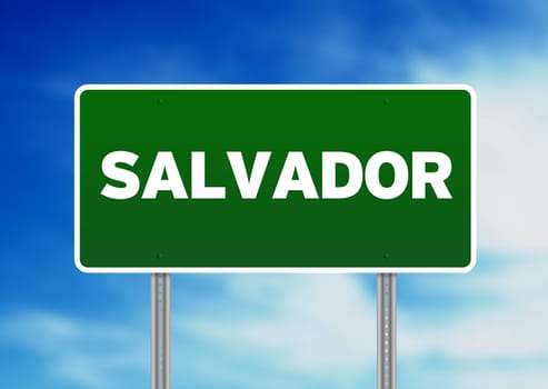 Green Salvador, Bahia, Brazil highway sign on Cloud Background.