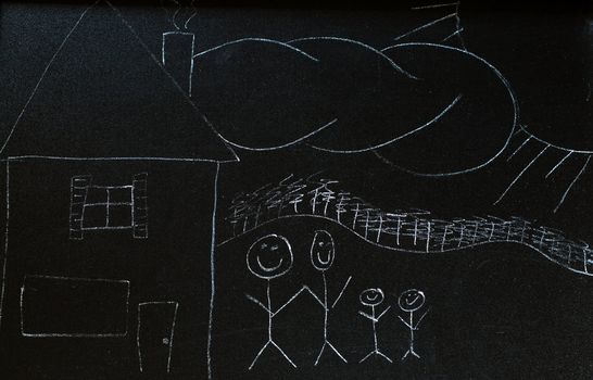 An illustration with chalk of a family standing beside their house