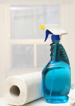 A bottle of window cleaner with paper towel.