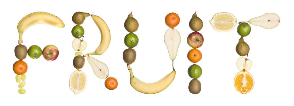 The word 'fruit' made out of fruit isolated on a white background