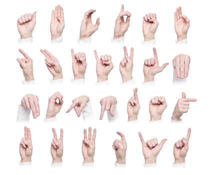 Hands forming the international sign language isolated against a white background