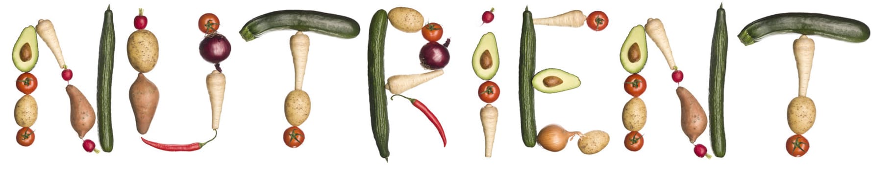 The word 'Nutrient' made out of vegetables isolated on a white background