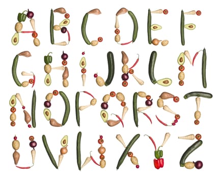 Vegetables forming the alphabet isolated on a white background