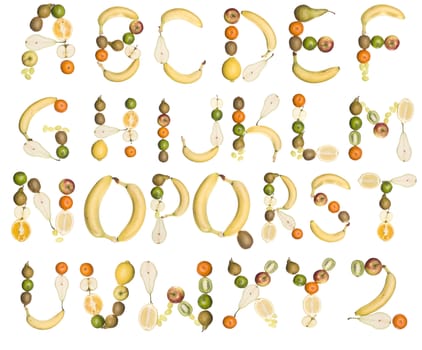 Various fruits forming the alphabet isolated on a white background