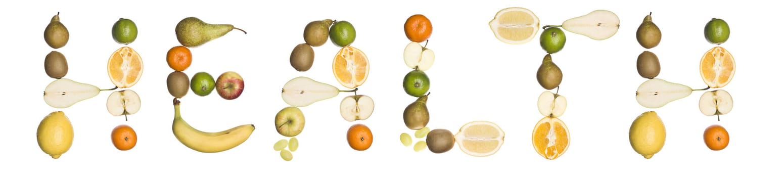 The word 'health' made out of fruit isolated on a white background