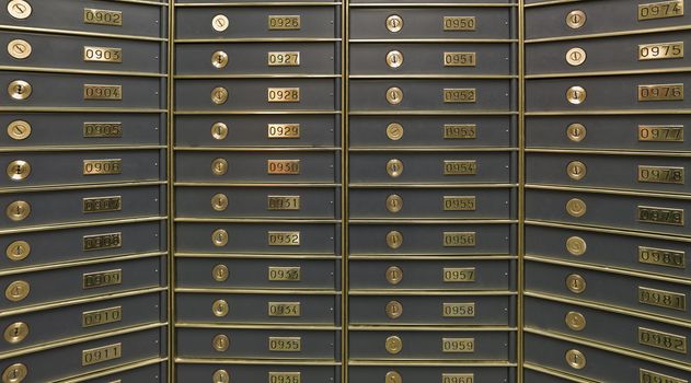 Rows of luxurious safe deposit boxes in a bank vault