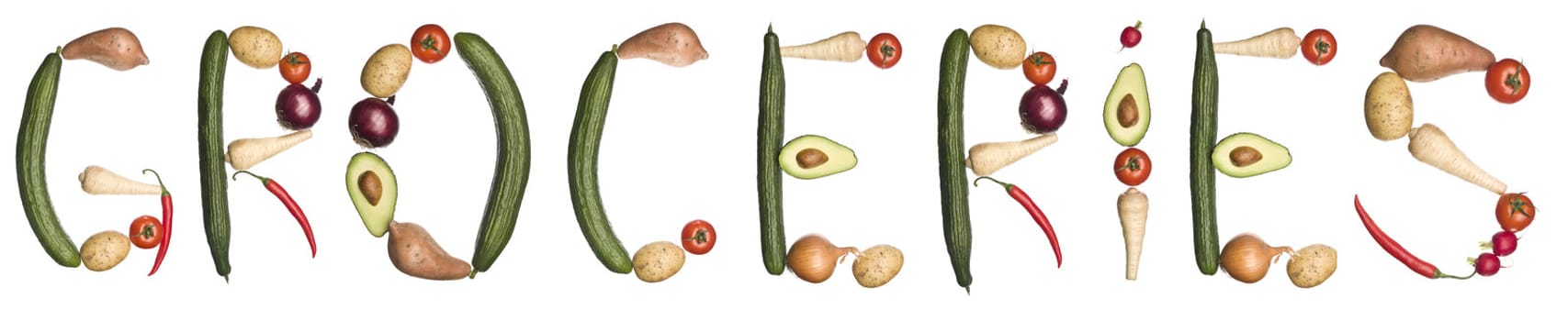 The word 'Groceries' made out of vegetables isolated on a white background