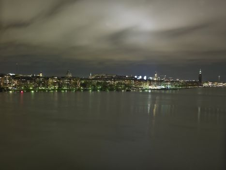 Stockholm City skyline and water at night