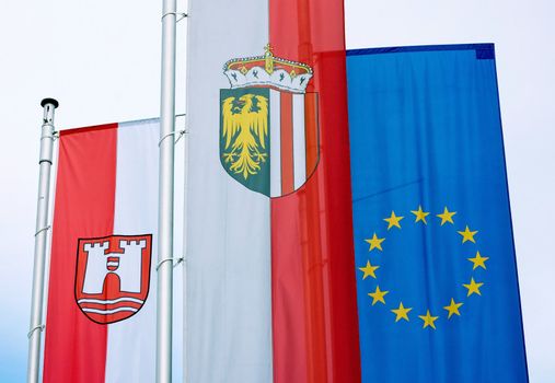 Austrian Flag, Upper Austrian Flag and European Union Flag
