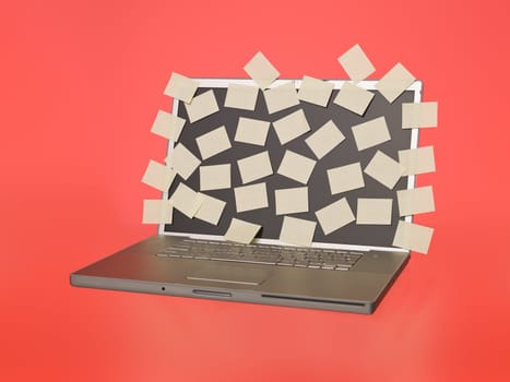 Grey laptop overflowed with empty post-its isolated 