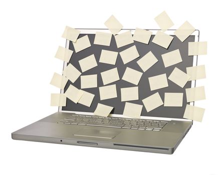 Grey laptop overflowed with empty post-its isolated on a white background