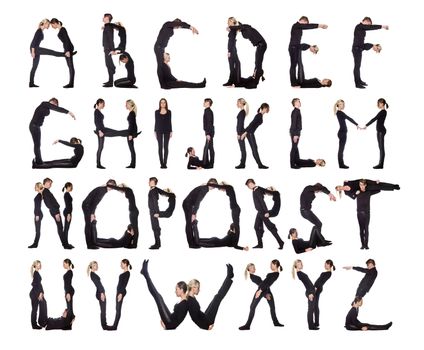 Group of black dressed people forming the alphabet.