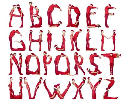 Group of red dressed people forming the alphabet.