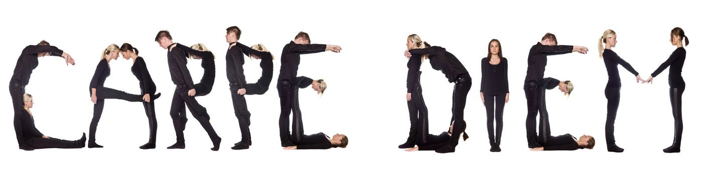 Group of people forming the phrase 'CARPE DIEM', isolated on white background.