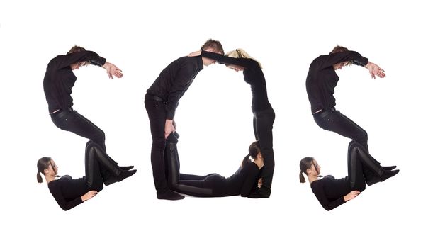 Group of people forming the word 'SOS', isolated on white background.
