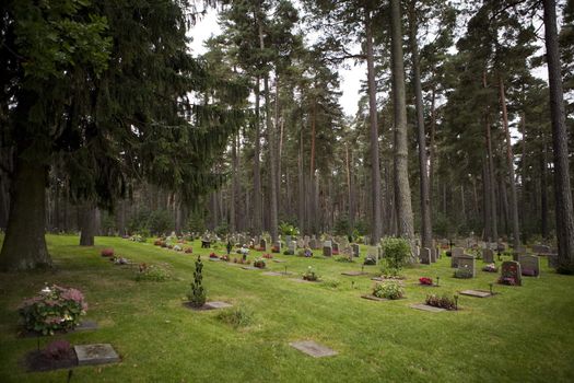 A cemetery at day time with lots of tombstones