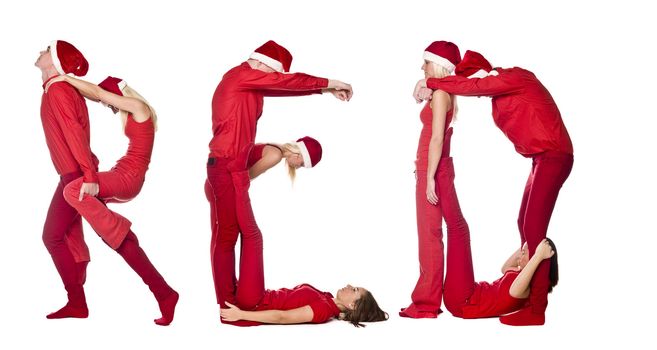 Group of red dressed people forming the word 'RED'. Isolated on white.