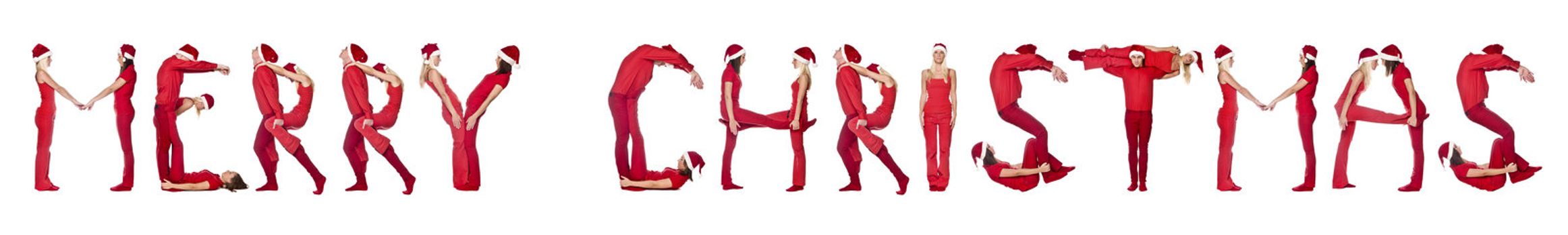 Group of red dressed people forming the phrase 'Merry Christmas', isolated o white.