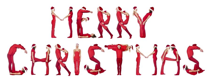 Group of red dressed people forming the phrase 'Merry Christmas', isolated on white.